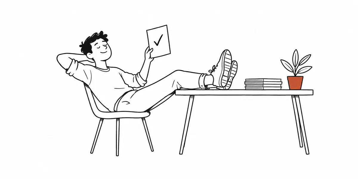 A person leans back with feet up, holding a checked-off page