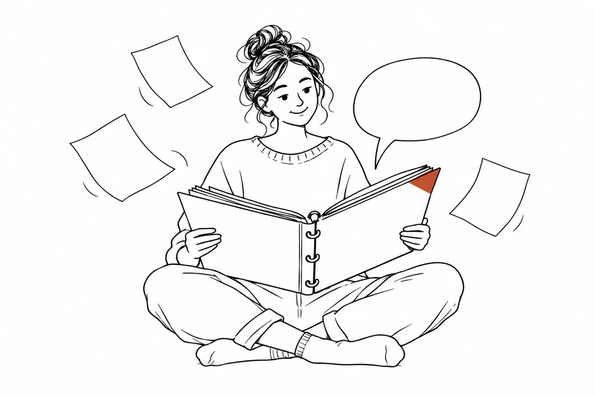 A person reads a binder of company documents while a speech bubble rises from the pages