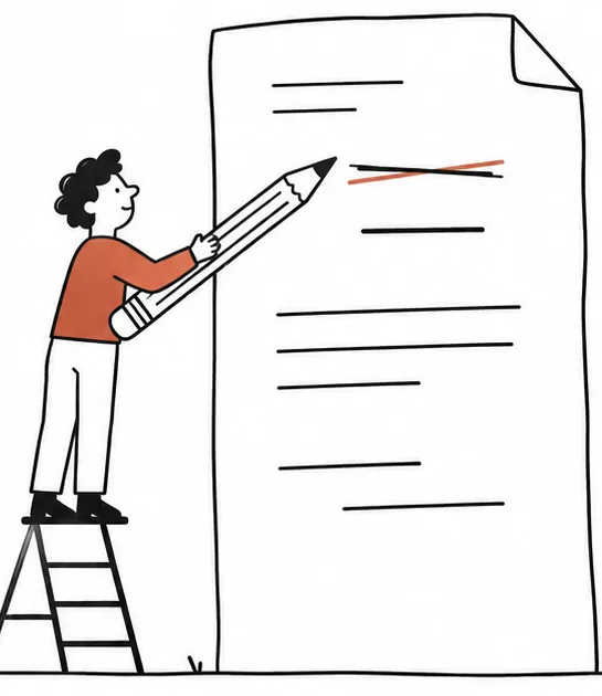 A person on a ladder corrects a line on a tall page with a giant pencil