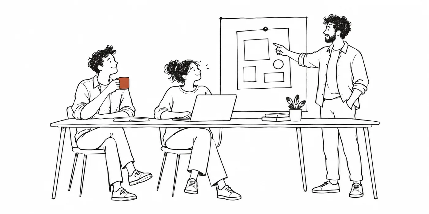 Three coworkers at a table, one pointing at a page pinned to a board